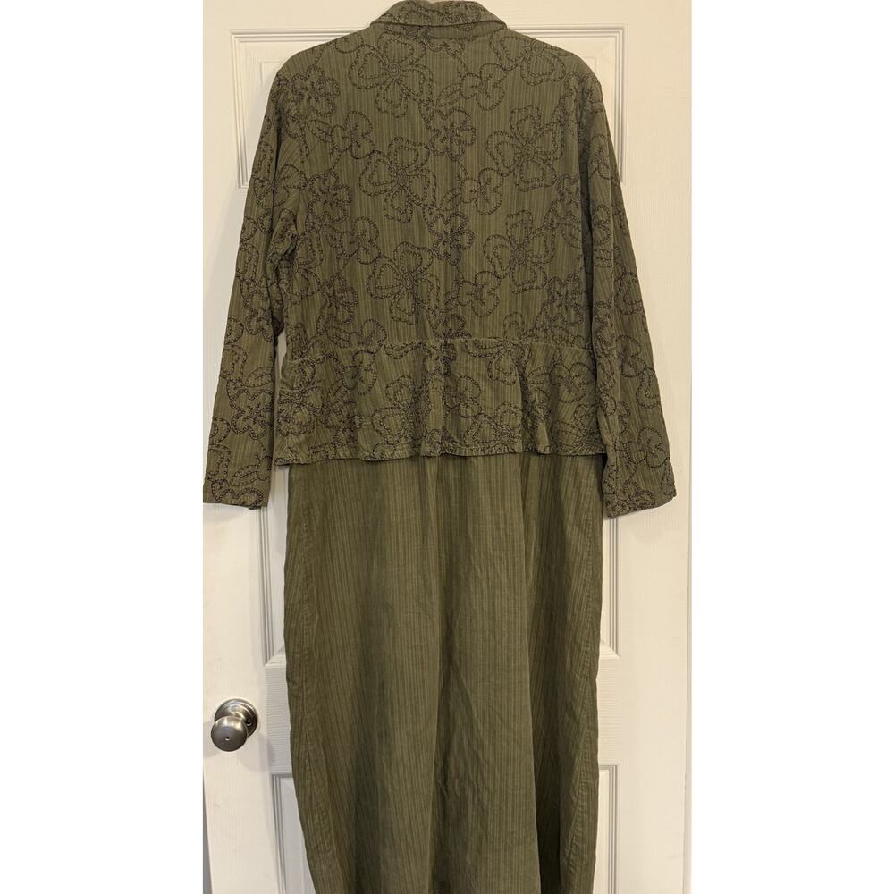 VTG Flax Shirt Dress‎ MED Green Corduroy Floral Embroidery 100% Cotton Lagenlook - Picture 2 of 14
